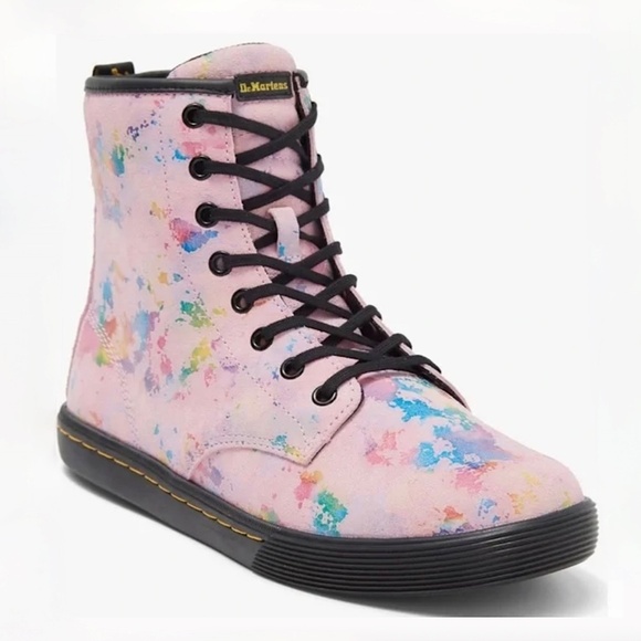 DR MARTENS Sheridan Confetti Suede Combat Ankle Boots Pink Rainbow Burst - Picture 2 of 13